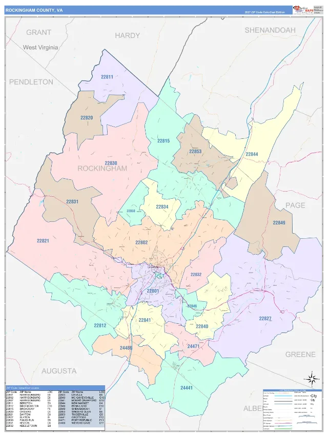 Rockingham County, VA ZIP Code Wall Map, ColorCast style