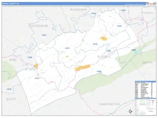 Russell County, VA Business Reference style ZIP Code wall map