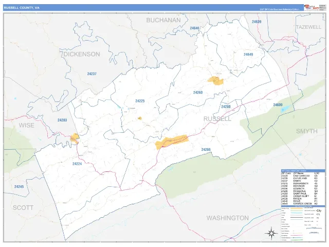 Russell County, VA ZIP Code Wall Map, Business Reference style