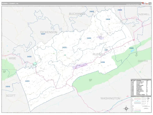 Russell County, VA ZIP Code Wall Map, Classic style