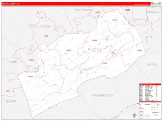 Russell County, VA RedLine style ZIP Code wall map
