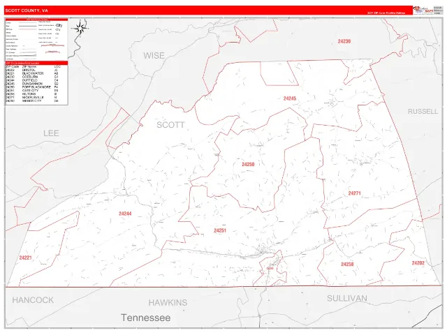 Scott County, VA ZIP Code Wall Map, RedLine style