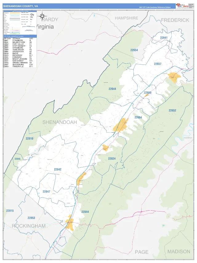 Shenandoah County, VA ZIP Code Wall Map, Business Reference style