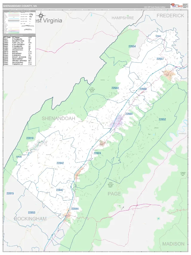 Shenandoah County, VA ZIP Code Wall Map, Classic style