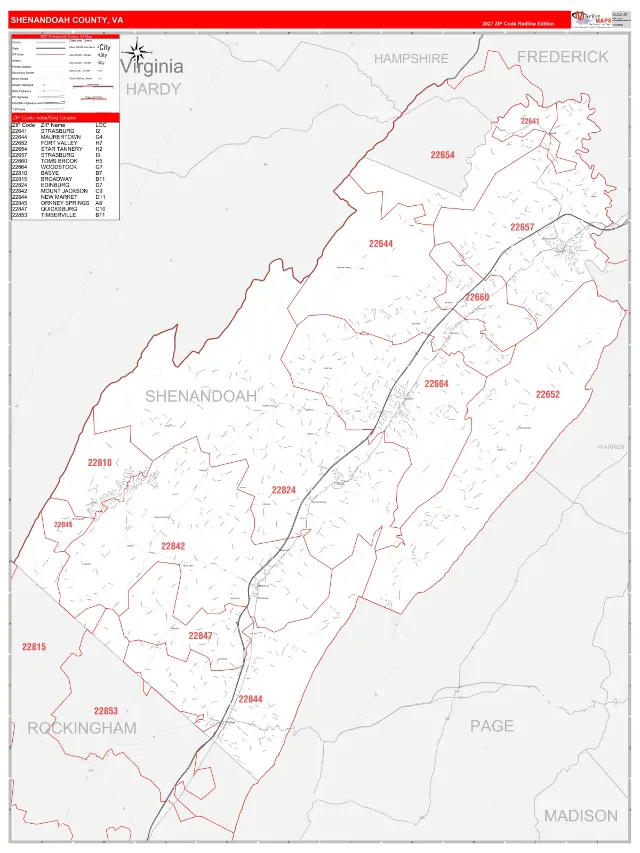Shenandoah County, VA ZIP Code Wall Map, RedLine style