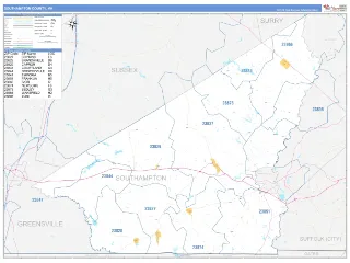 Southampton County, VA Business Reference style ZIP Code wall map
