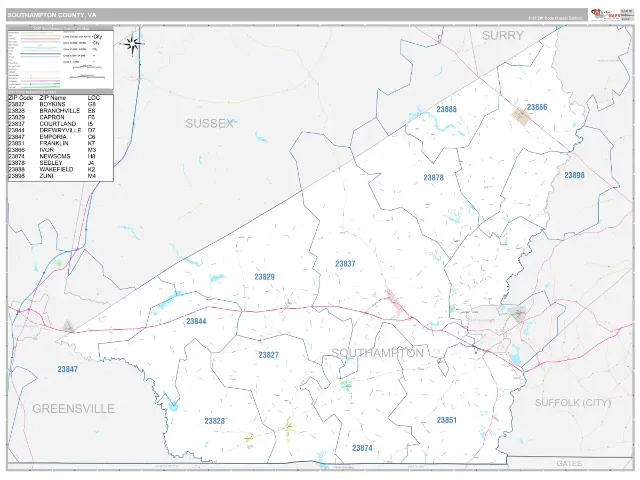 Southampton County, VA ZIP Code Wall Map, Classic style