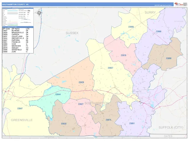 Southampton County, VA ZIP Code Wall Map, ColorCast style