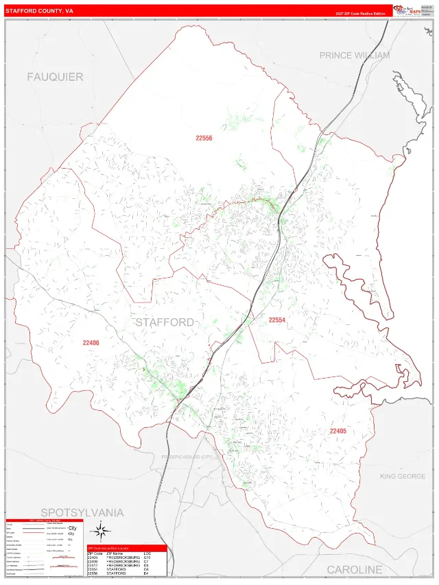Stafford County, VA ZIP Code Wall Map, RedLine style