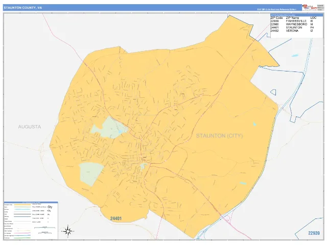 Staunton County, VA ZIP Code Wall Map, Business Reference style