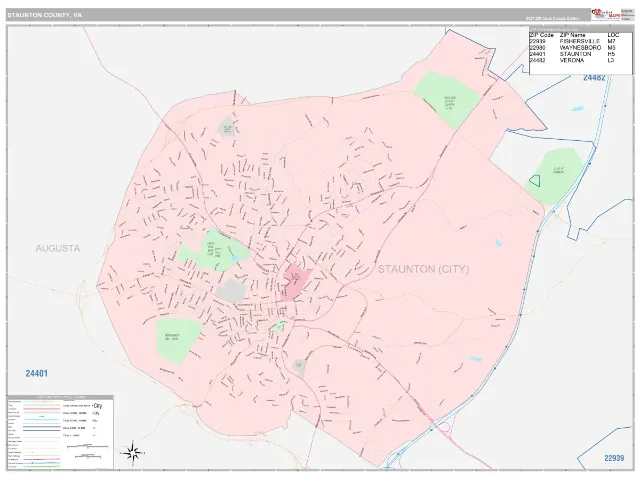 Staunton County, VA ZIP Code Wall Map, Classic style