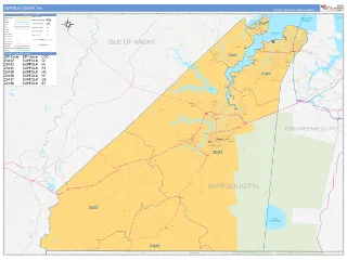 Suffolk County, VA Business Reference style ZIP Code wall map