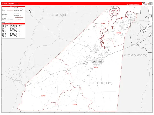 Suffolk County, VA ZIP Code Wall Map, RedLine style