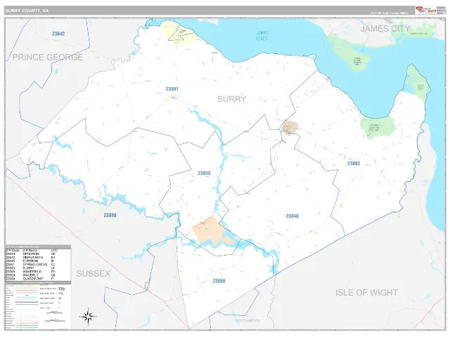 Surry County, VA ZIP Code Wall Map, Classic style
