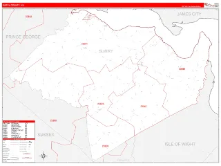 Surry County, VA RedLine style ZIP Code wall map