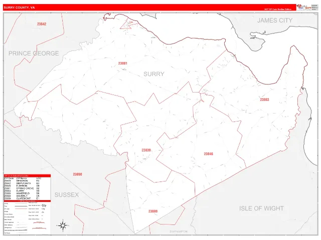 Surry County, VA ZIP Code Wall Map, RedLine style