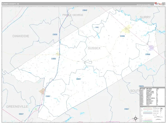 Sussex County, VA ZIP Code Wall Map, Classic style