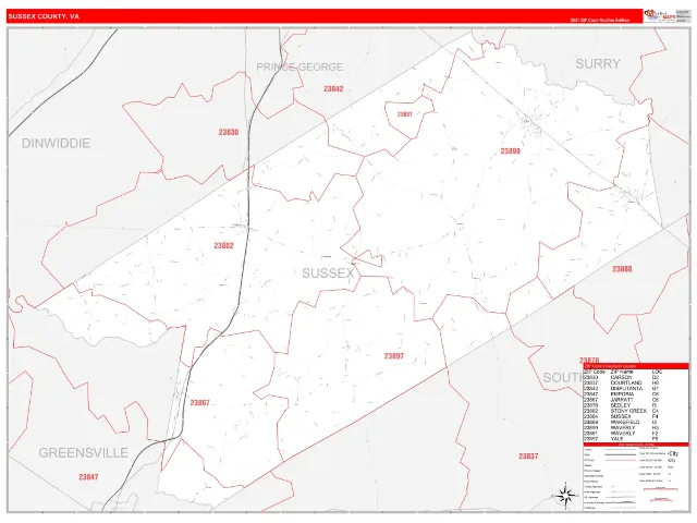 Sussex County, VA ZIP Code Wall Map, RedLine style