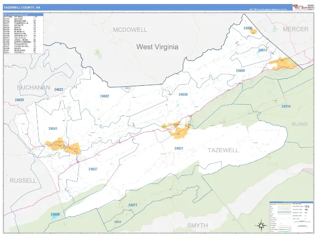 Tazewell County, VA ZIP Code Wall Map, Business Reference style
