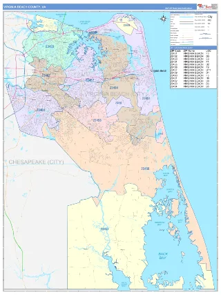 Virginia Beach County, VA ColorCast style ZIP Code wall map