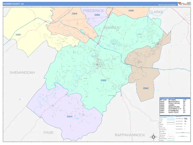 Warren County, VA ZIP Code Wall Map, ColorCast style