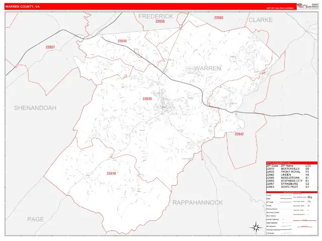 Warren County, VA ZIP Code Wall Map, RedLine style