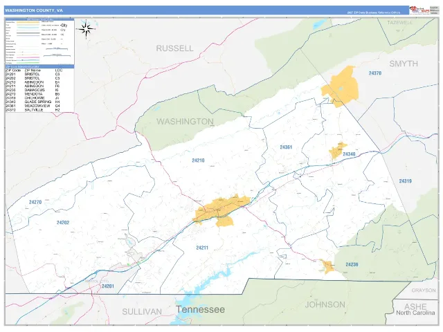 Washington County, VA ZIP Code Wall Map, Business Reference style