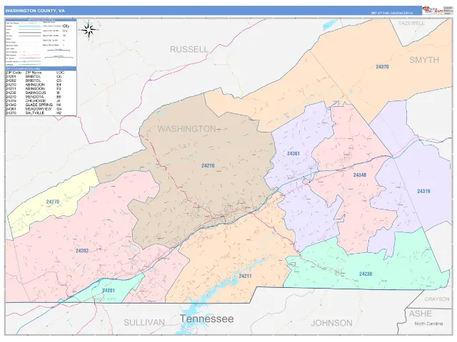 Washington County, VA ZIP Code Wall Map, ColorCast style
