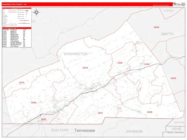 Washington County, VA ZIP Code Wall Map, RedLine style
