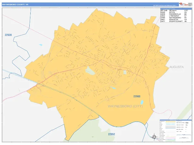 Waynesboro County, VA ZIP Code Wall Map, Business Reference style