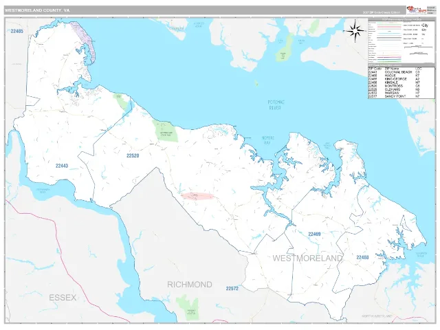 Westmoreland County, VA ZIP Code Wall Map, Classic style