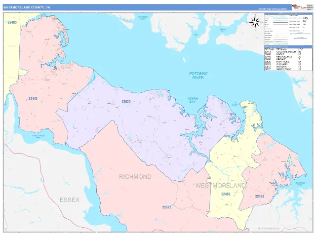 Westmoreland County, VA ZIP Code Wall Map, ColorCast style