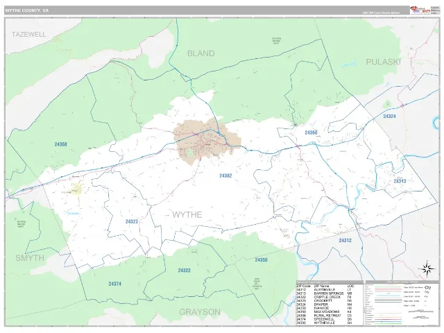 Wythe County, VA ZIP Code Wall Map, Classic style