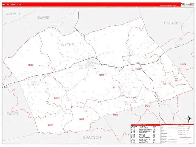 Wythe County, VA ZIP Code Wall Map, RedLine style