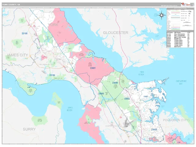 York County, VA ZIP Code Wall Map, Classic style