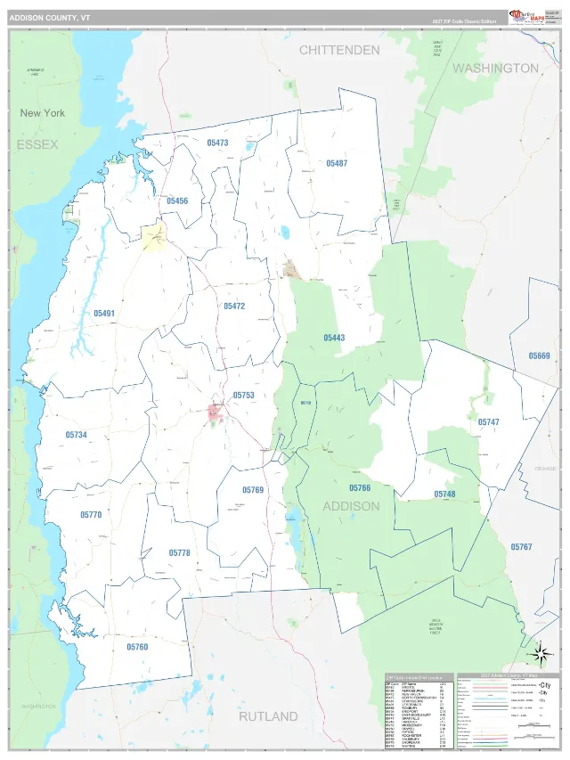 Addison County, VT ZIP Code Wall Map, Classic style