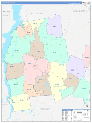 Addison County, VT ColorCast style ZIP Code wall map