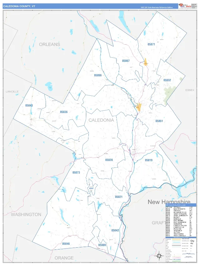 Caledonia County, VT ZIP Code Wall Map, Business Reference style