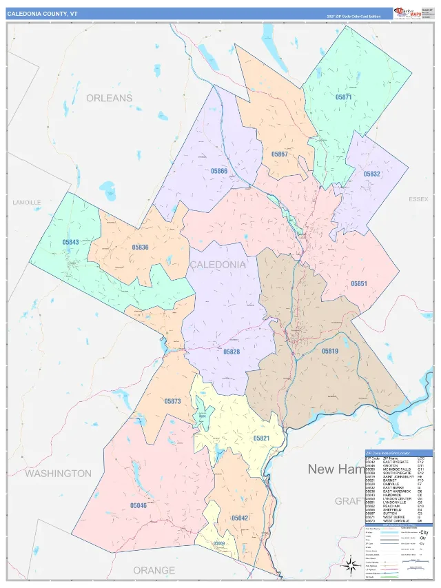 Caledonia County, VT ZIP Code Wall Map, ColorCast style