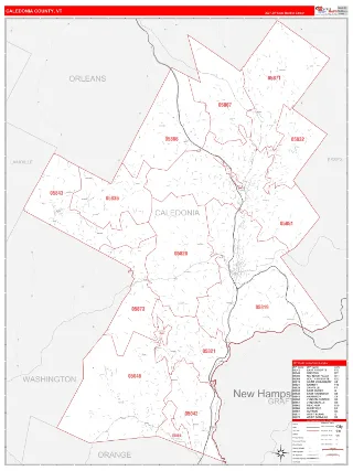 Caledonia County, VT RedLine style ZIP Code wall map