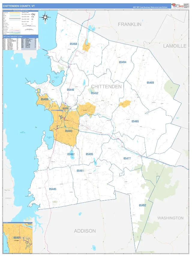 Chittenden County, VT ZIP Code Wall Map, Business Reference style