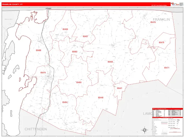 Franklin County, VT ZIP Code Wall Map, RedLine style