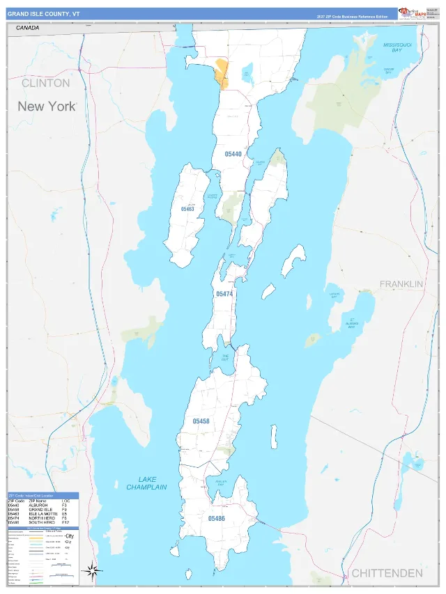 Grand Isle County, VT ZIP Code Wall Map, Business Reference style