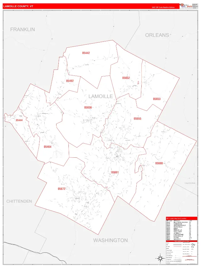 Lamoille County, VT ZIP Code Wall Map, RedLine style