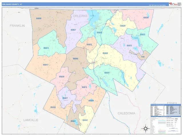 Orleans County, VT ZIP Code Wall Map, ColorCast style