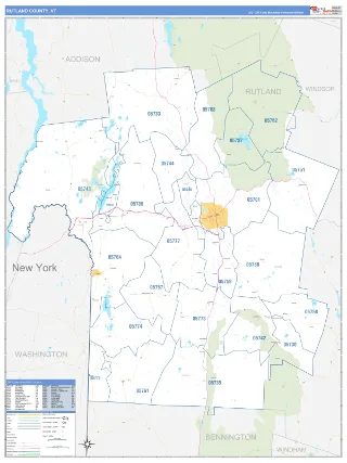 Rutland County, VT Business Reference style ZIP Code wall map