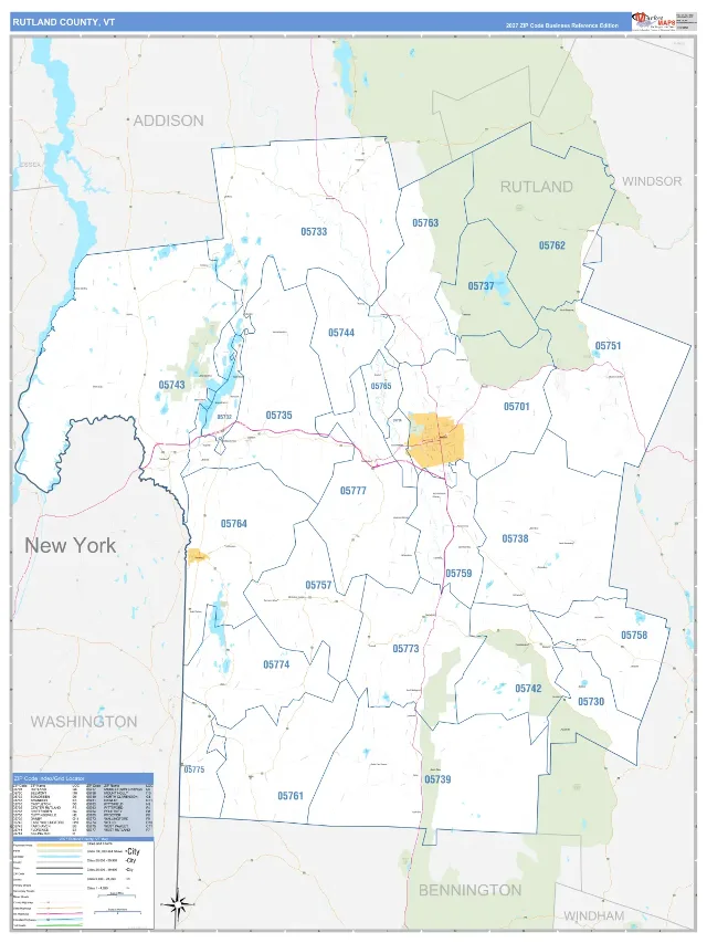 Rutland County, VT ZIP Code Wall Map, Business Reference style