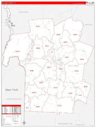 Rutland County, VT RedLine style ZIP Code wall map
