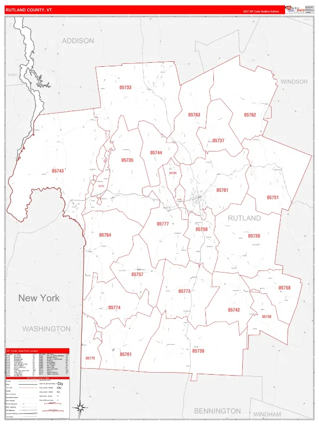 Rutland County, VT ZIP Code Wall Map, RedLine style