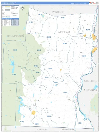 Windham County, VT Business Reference style ZIP Code wall map